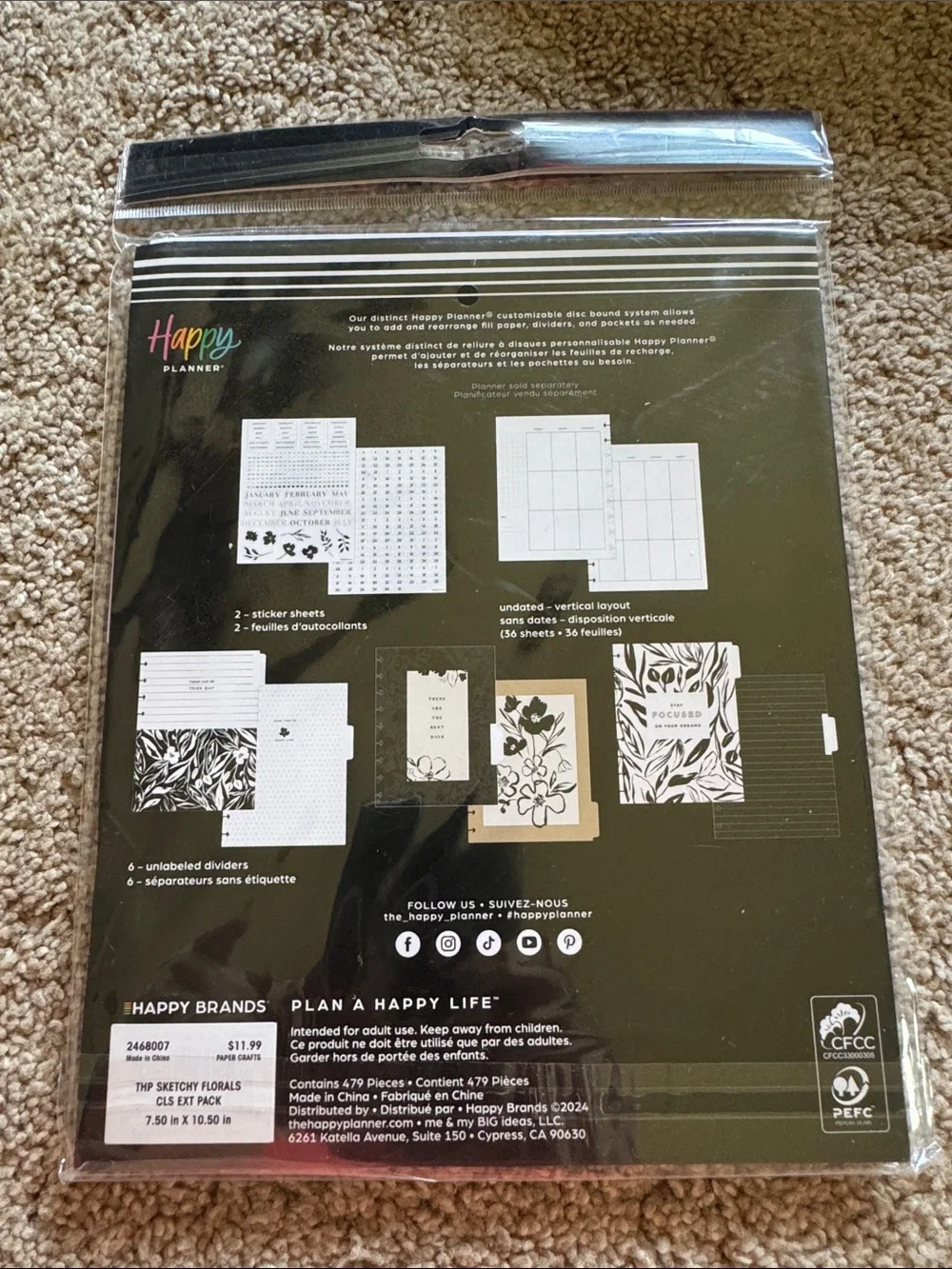 Happy Planner Black & White Floral Undated Calendar Extension-Classic Size